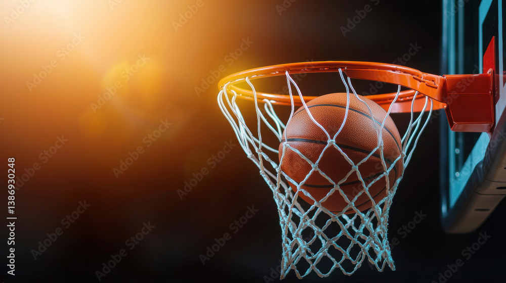 The winning moment. winning moment as basketball swishes through hoop with glowing background The winning moment. winning moment as basketball swishes through hoop with glowing background