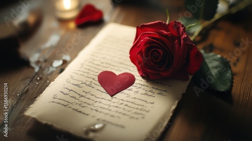 Romantic letter, candlelight, rose, wood