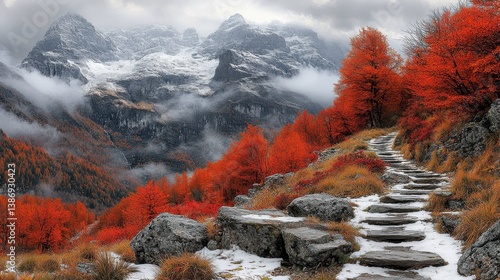 Autumnal mountain path, snowy peaks, misty valley