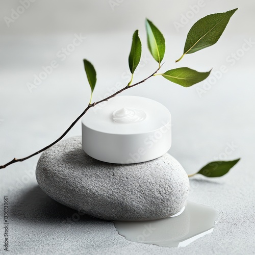 Minimalist skincare presentation featuring natural elements and serene aesthetics