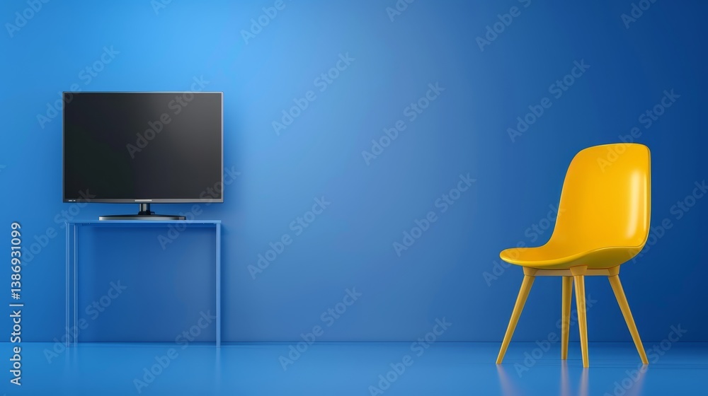 Fototapeta premium Modern interior design yellow chair and television on vibrant blue wall