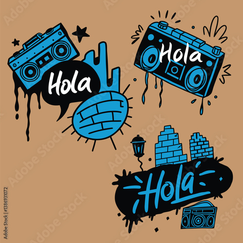 Hola Hand drawn lettering phrase message hello in Spanish sinker bundle collections set or group hola hi vector illustration for clipart t shirt trendy tee poster banner greetings postcard graphic