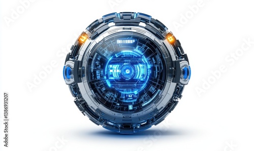 Futuristic sphere technology, glowing blue core, white background, sci-fi concept, website design