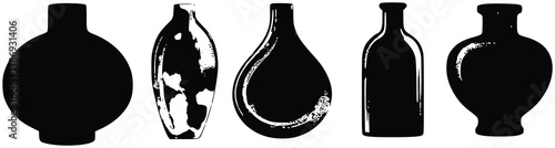 Black And White Vector Silhouette Of Diverse Decorative Vases On White Background
