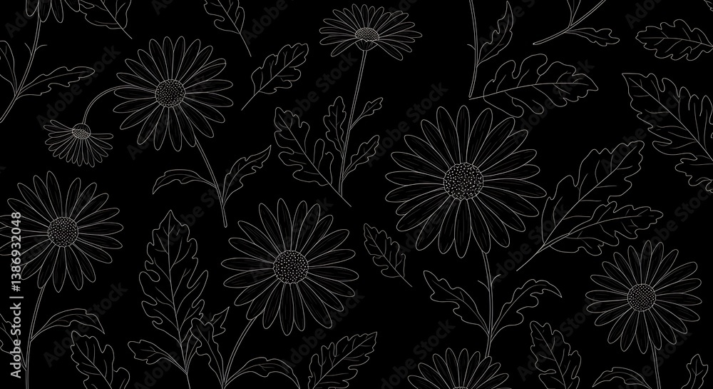 Elegant Line Art Daisy Floral Pattern: Dark Background Illustration AI Generated Elegant Line Art Daisy Floral Pattern: Dark Background Illustration AI Generated