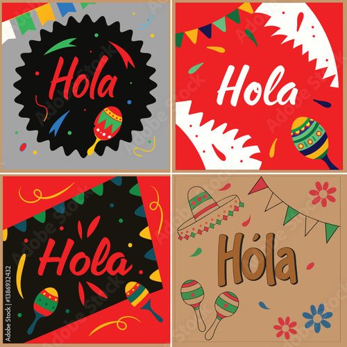 Hola Hand drawn lettering phrase message hello in Spanish bundle collections set or group hola hi vector illustration for t shirt trendy tee poster banner greetings card postcard graphic viva mexico