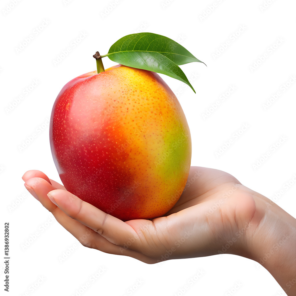 Close Up Of Hand Holding Fresh Mango Fruit With Leaves On white Background Close Up Of Hand Holding Fresh Mango Fruit With Leaves On white Background