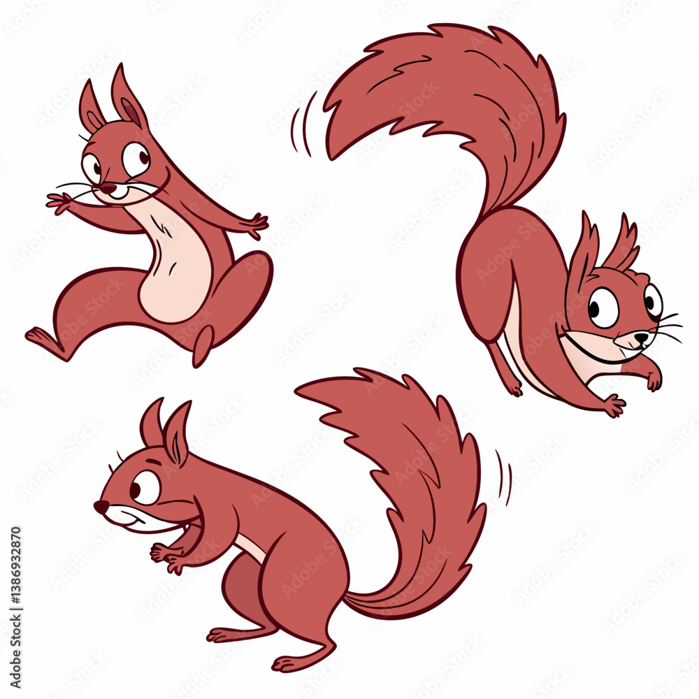 Hand-drawn vector illustration of three playful, fluffy red squirrels jumping in a forest, isolated on white. Hand-drawn vector illustration of three playful, fluffy red squirrels jumping in a forest, isolated on white.