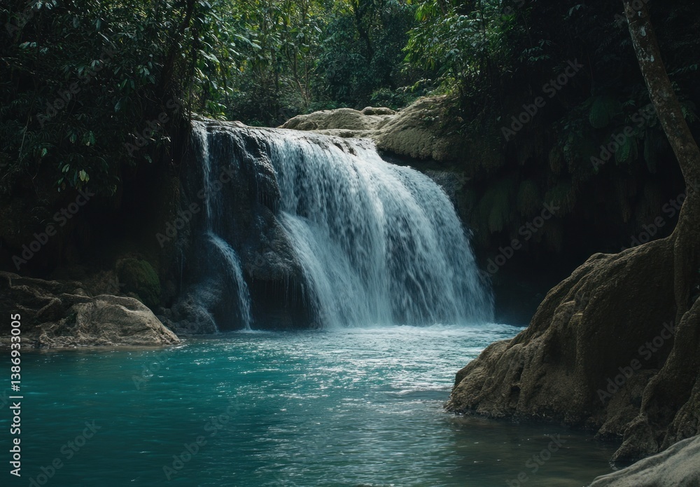 Naklejka premium A beautiful cascading waterfall flows into a serene and turquoise pool