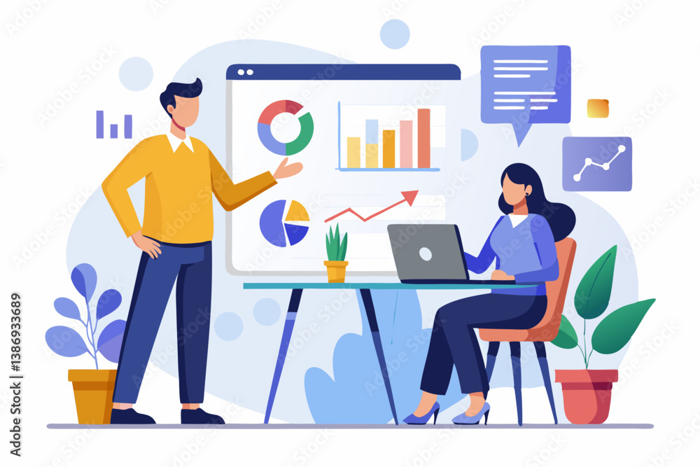 Office business idea graph board presenter white background isolated vector Office business idea graph board presenter white background isolated vector