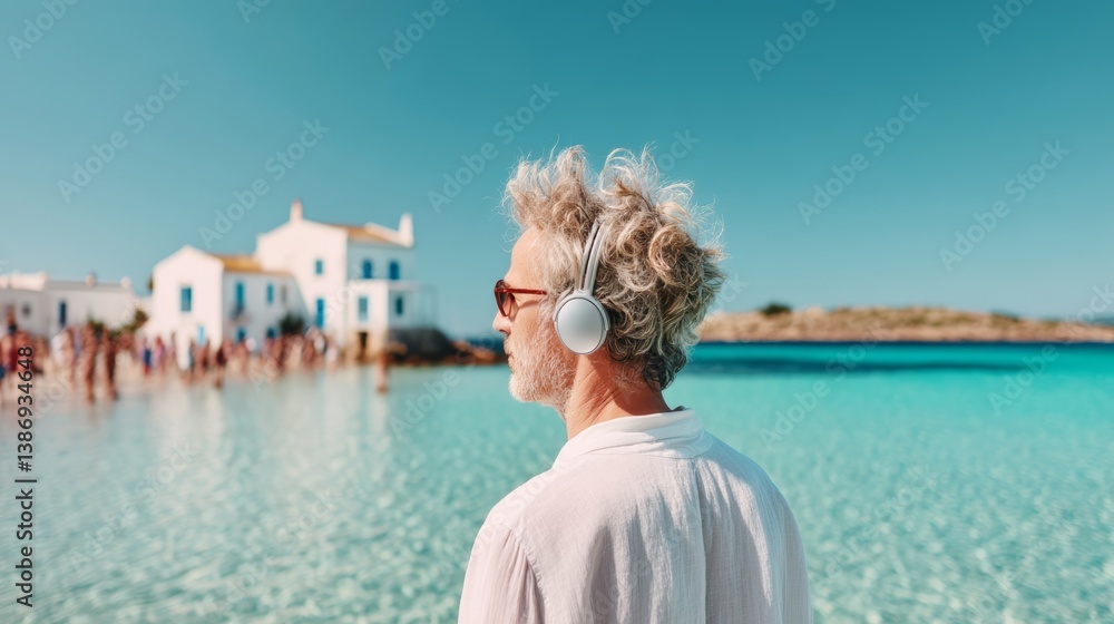 Fototapeta premium Man wearing headphones stands on a beach next to a body of water. The scene is peaceful and relaxing, with the man enjoying the sound of the waves and the music in his ears