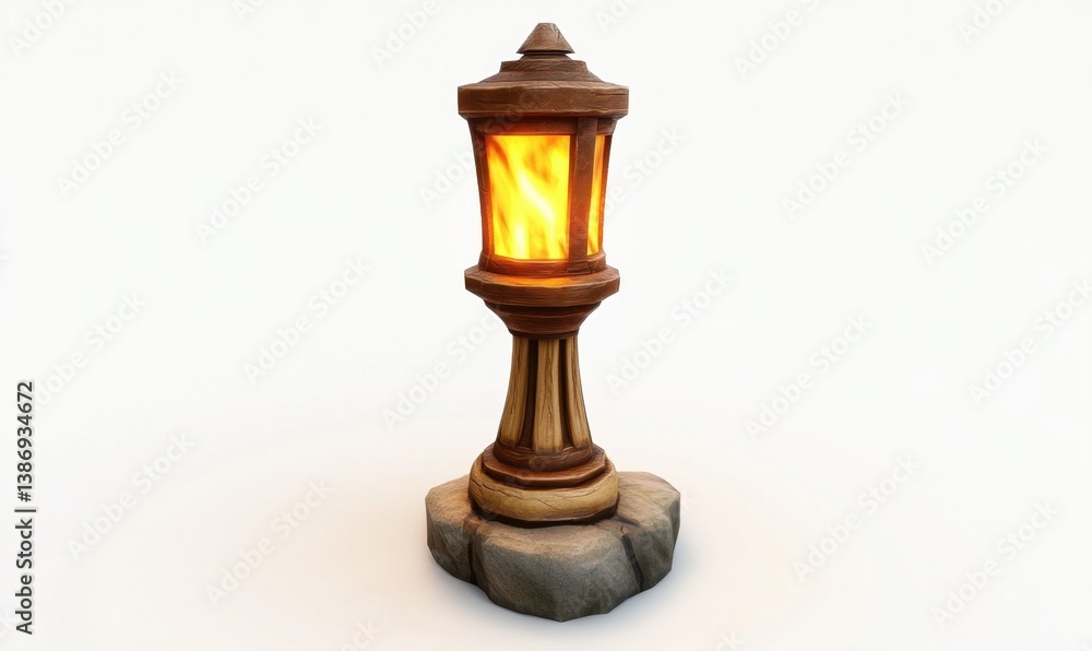 Illuminated fantasy lantern on stone, game asset, white background Illuminated fantasy lantern on stone, game asset, white background