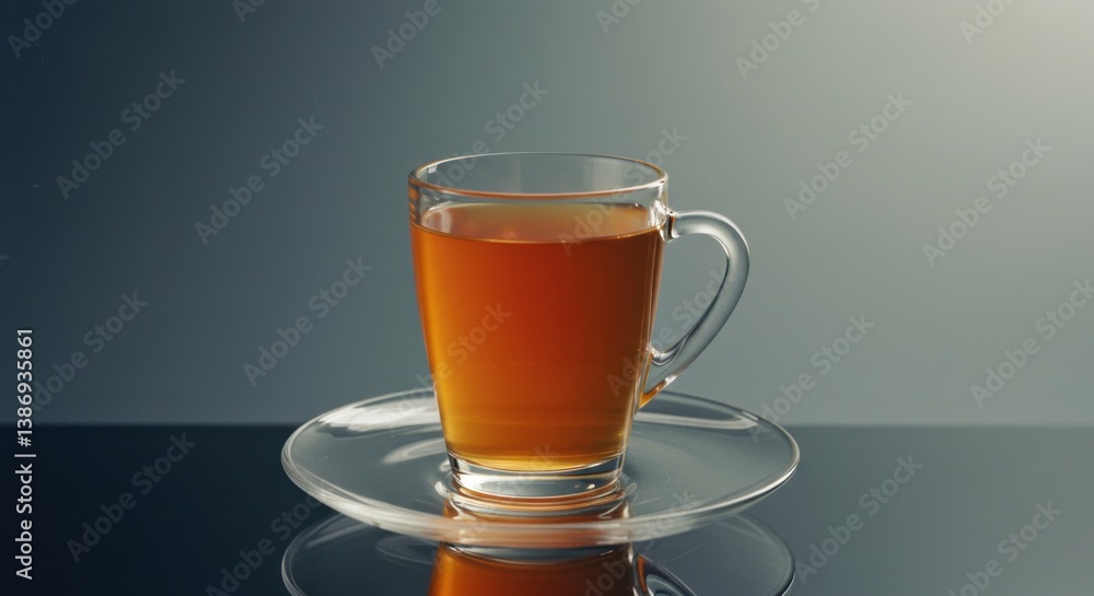 Glass Cup of Herbal Tea Resting on Saucer with Reflection Glass Cup of Herbal Tea Resting on Saucer with Reflection