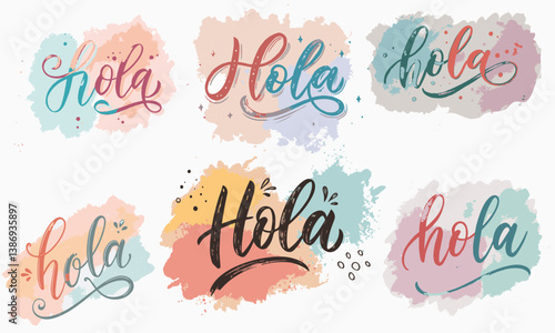 Hola Hand drawn lettering phrase  watercolor splash  message hello in Spanish bundle collections set or group hola hi vector illustration for clipart t shirt trendy tee poster banner greetings card po