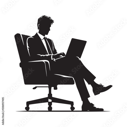 A man sitting a chair with a laptop silhouette vector on a white background   
