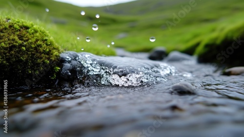 Fresh, clear water cascading over rocks in a lush, green mountain stream.  Water droplets, splashing, creating a vibrant scene