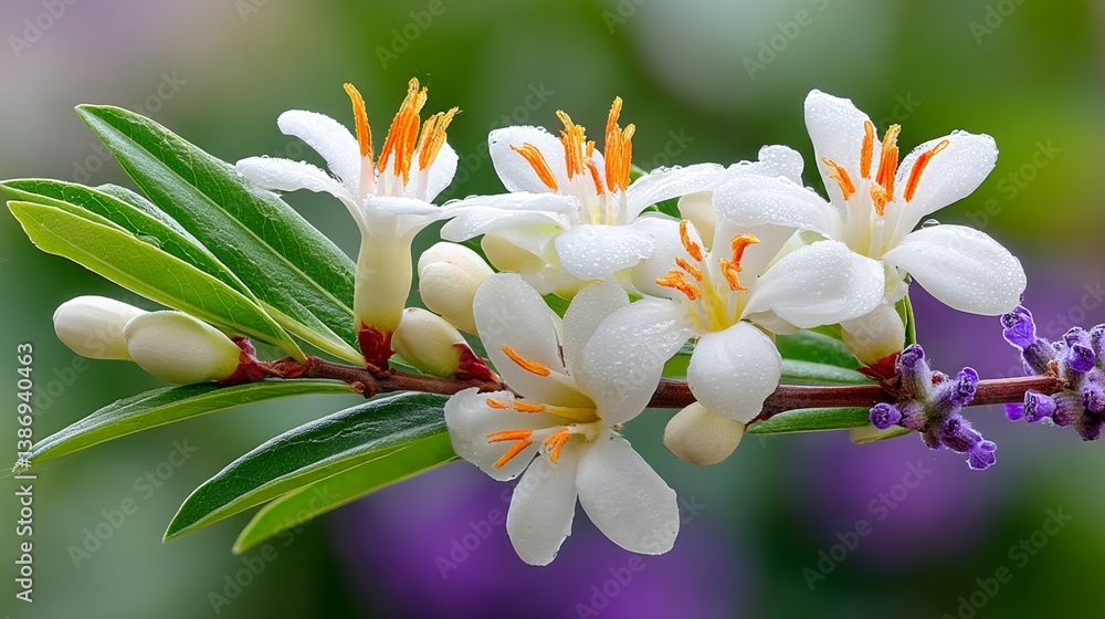 Fototapeta premium Group of white flowers with orange tips are on a green leaf. The flowers are drooping and appear to be wet
