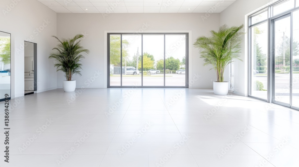 A bright, minimalist room features large windows and two potted palm trees. The space is composed of a smooth, white floor and neutral walls. High-resolution photography uses natural light, creating A bright, minimalist room features large windows and two potted palm trees. The space is composed of a smooth, white floor and neutral walls. High-resolution photography uses natural light, creating