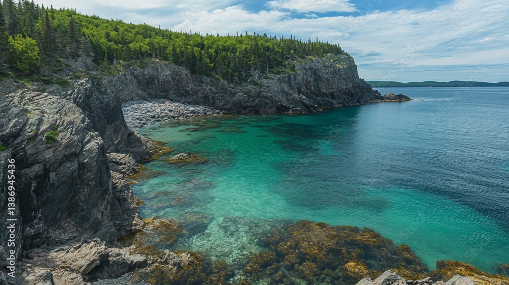 Fototapeta premium Scenic coastal cliffs with turquoise waters and lush forest landscape