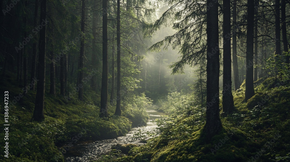 Fototapeta premium Enchanting forest landscape featuring a gentle stream through vibrant greenery