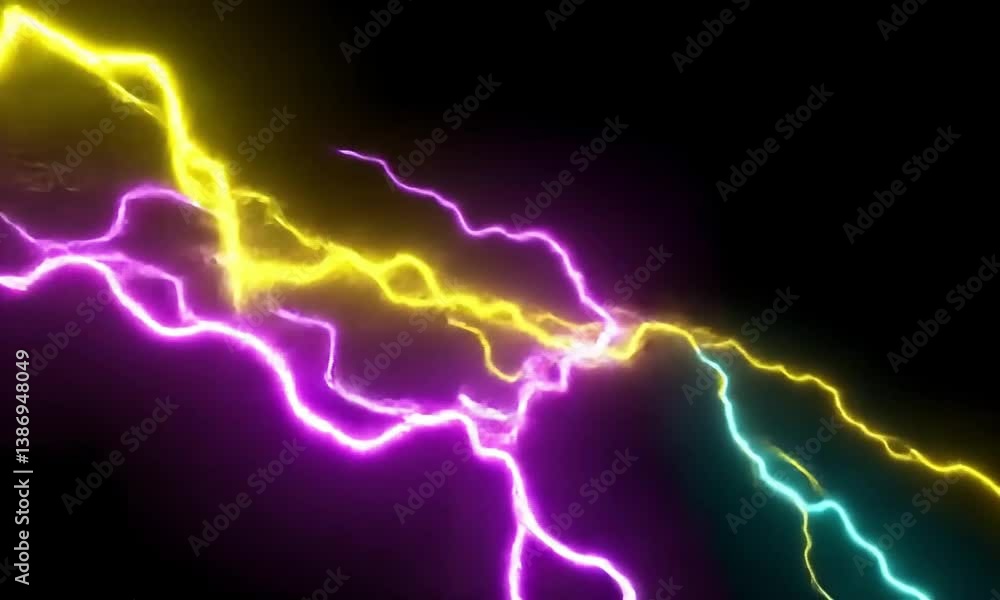 Multiple arcs of colorful lightning splitting diagonally across pitch black background motion blur glowing trails created with Generative AI technology Multiple arcs of colorful lightning splitting diagonally across pitch black background motion blur glowing trails created with Generative AI technology