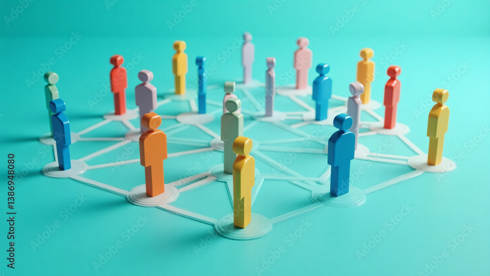 Obraz premium 3D People Network on Teal Background – Colorful Human Icons Representing Digital Connections and Collaboration