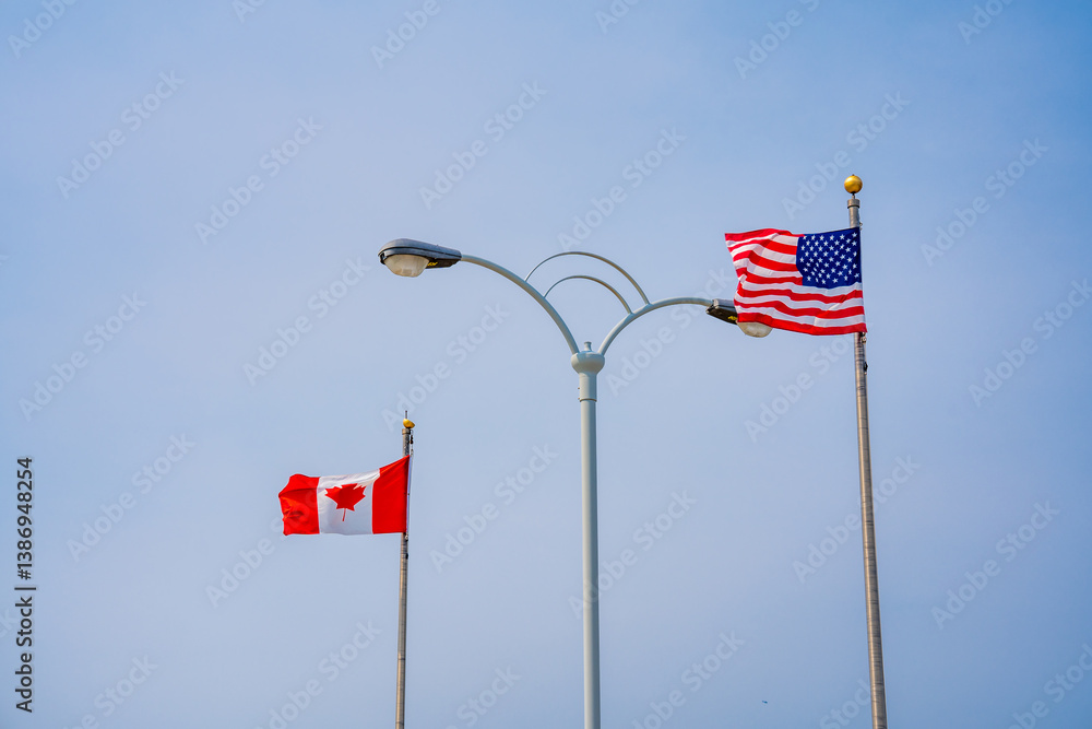 American and Canadian flags on the Rainbow Bridge, Niagara Falls