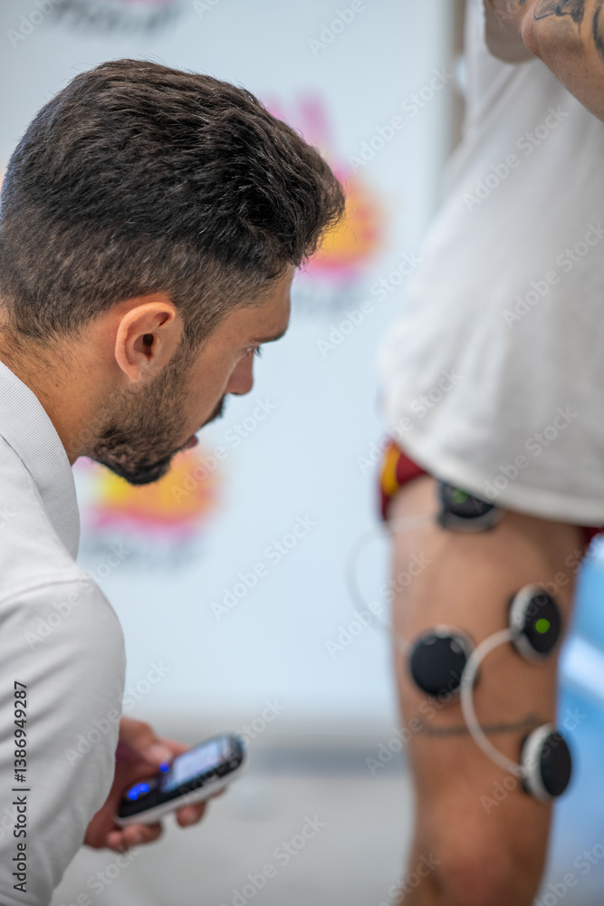 Osteopath practising physiotherapy at the gym on a man's leg with the help of electrodes