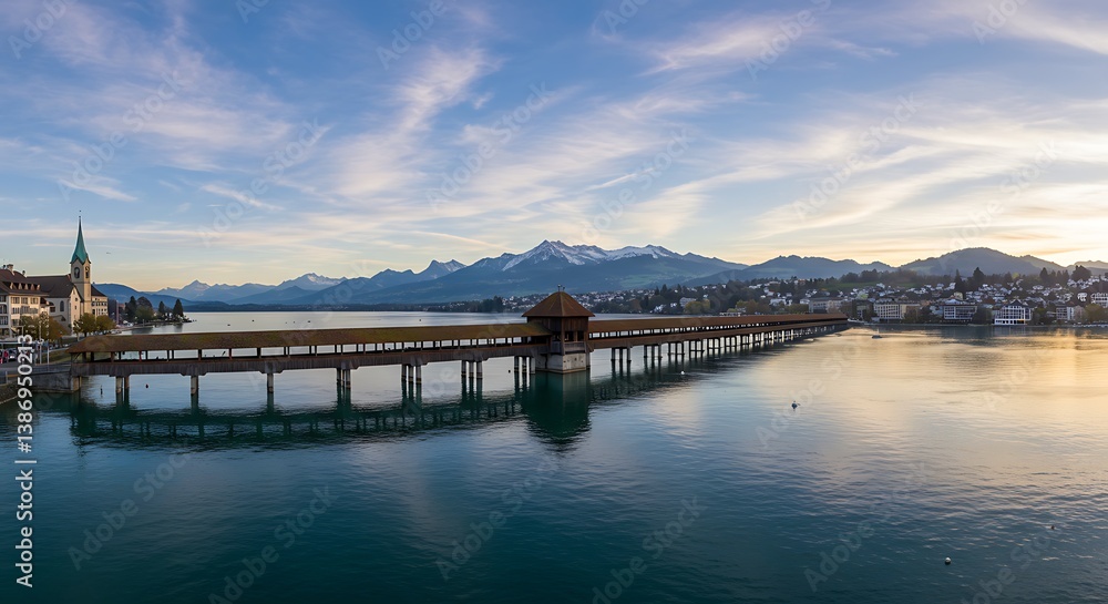 Serene Sunrise: Lake & Chapel Bridge Reflection AI Generated Serene Sunrise: Lake & Chapel Bridge Reflection AI Generated