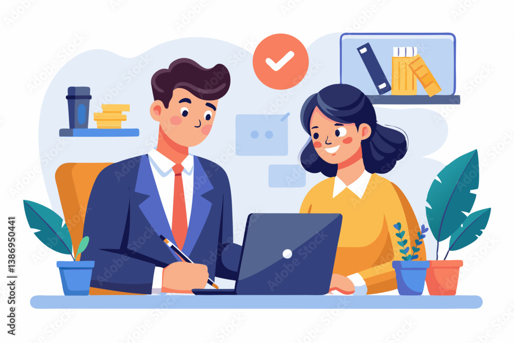 office a Mean and a Lady's are business partners notes desk white background isolated vector office a Mean and a Lady's are business partners notes desk white background isolated vector