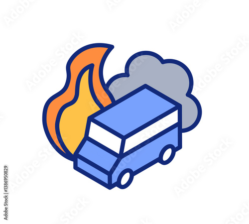 Illustration of an automobile fire. Vehicle in trouble and burning. Vector illustration of isometric diagram.