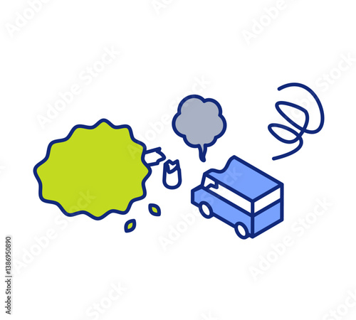 Vector illustration of a car accident with isometric view of a car crashing into a tree. Fallen tree and broken down and smoking vehicle.
