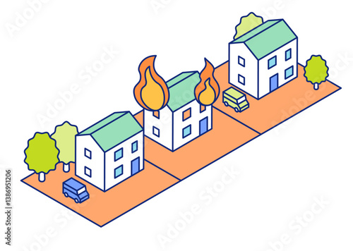 Vector illustration of a fire with a house burning. Fire in a dense residential area.