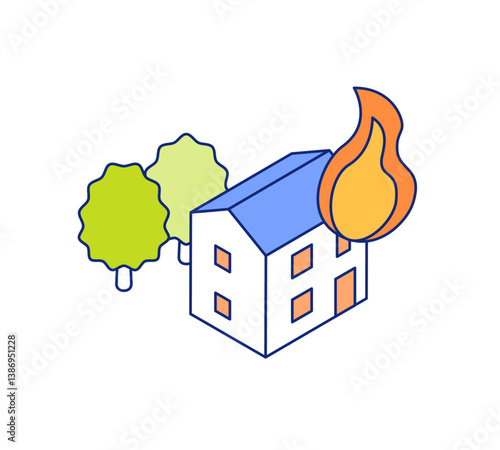 Vector illustration of a fire with a house burning. Single family house fire.