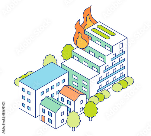 Vector illustration of a fire with an apartment burning. Fire in apartment complex.
