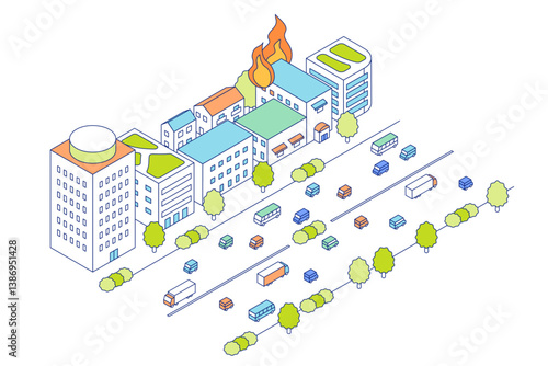 Fire in the city. Vector illustration of a commercial building on fire.