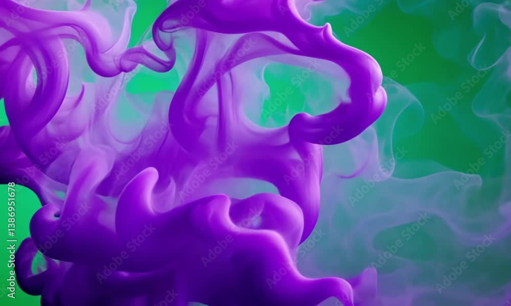 Purple and teal smoke trails forming abstract shapes on vivid green screen high resolution texture dramatic lighting created with Generative AI technology Purple and teal smoke trails forming abstract shapes on vivid green screen high resolution texture dramatic lighting created with Generative AI technology