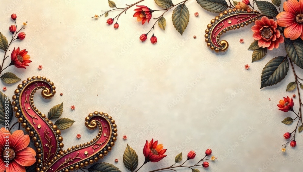 Soft, flowing paisley design in muted earth tones on a linen background , pattern, graphics, calm