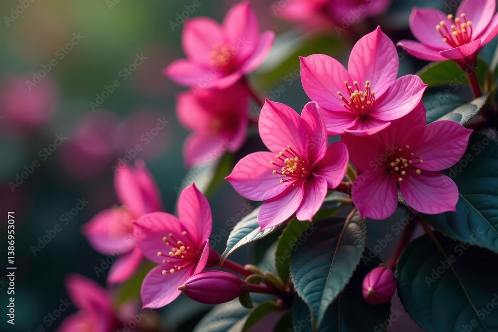 Vibrant fuchsia blossoms, intricate leafy details, bloom, graphic, illustration
