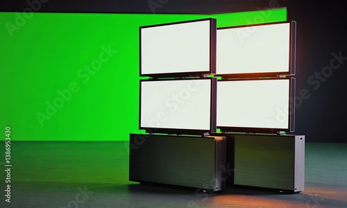 Side angle shot of stacked OLED TVs displaying bright static visuals casting ambient light on green screen created with Generative AI technology