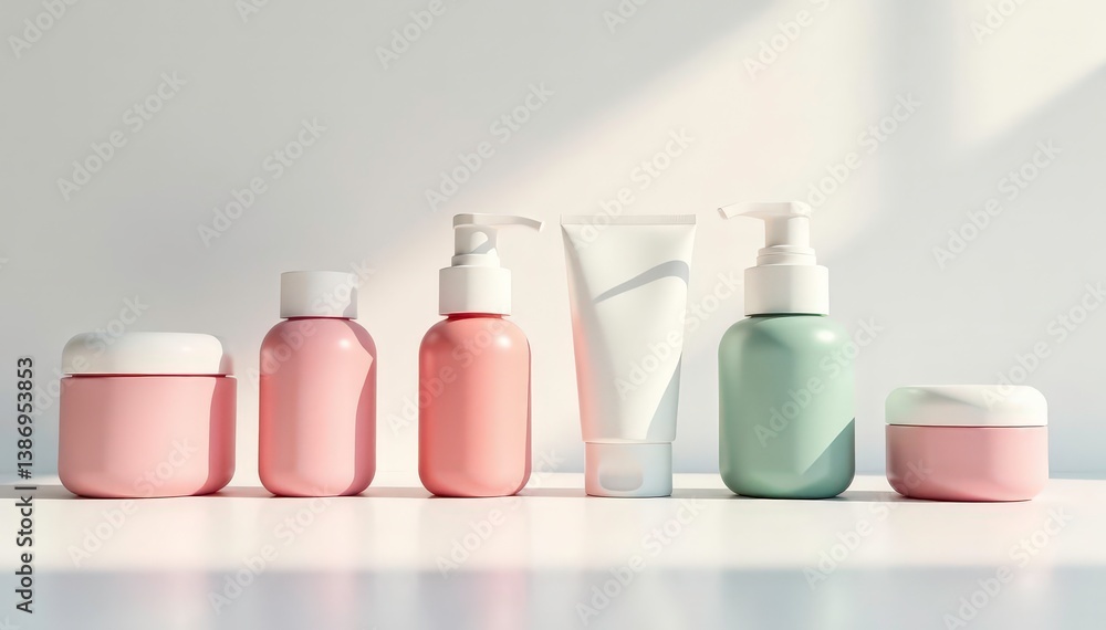 Various cosmetic containers on pristine white, minimal, skincare, bottle