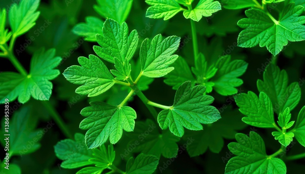 Intricate parsley leaf pattern, vibrant green hues, detail, summer