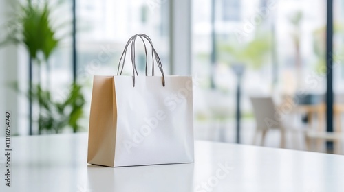 Empty beige paper shopping bag on white table
