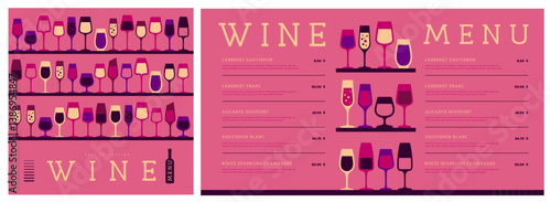 Restaurant wine menu design with various types of wine glasses. Wine background. Vector illustration