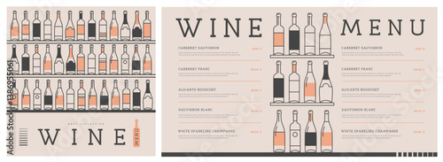 Restaurant wine menu design with various types of wine bottles. Line art modern vector illustration