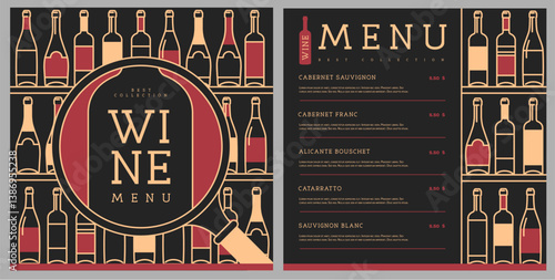 Restaurant wine menu design with various types of wine bottles. Line art modern vector illustration