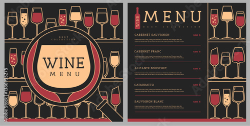 Restaurant wine menu design with various types of wine glasses. Line art modern vector illustration