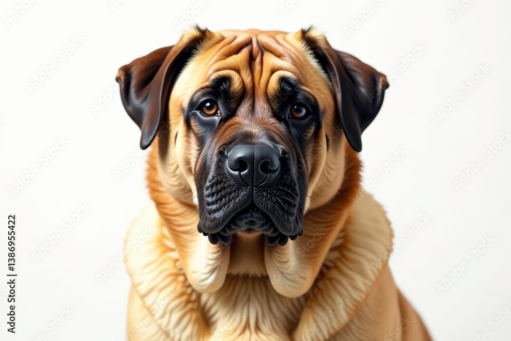 Majestic Mastiff, pure white background, powerful stance, muscle, animal photography, strong