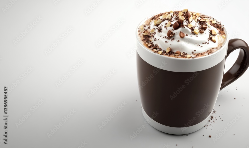 Gourmet hot chocolate with whipped cream and nuts, on white background, perfect for cafe menu Gourmet hot chocolate with whipped cream and nuts, on white background, perfect for cafe menu