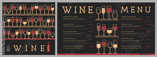 Restaurant wine menu design with various types of wine glasses. Line art modern vector illustration